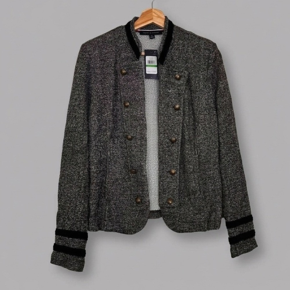 Tommy Hilfiger Womens Grey Knit Military Blazer Jacket Braided Trim Crest Button